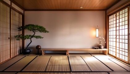 Wall Mural - Minimalist Japanese Style Interior Design with Wooden Floor and Subtle Lighting