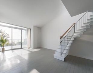 Wall Mural - Minimalist White Interior Design with Stairs and Natural Light