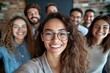 © Digi ART - selfie and group of business people in office taking pictures for social media. Diversity portrait, collaboration and happy friends, men and women laughing and take photo for profile, Generative AI