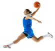 © Lustre Art Group  - Dynamic photo of young woman, basketball player leaping in mid-air to make powerful slam dunk against transparent background. Concept of professional sport, championship, hobby and recreation. Ad