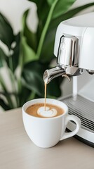 Espresso flows into a cup as cappuccino foam forms, set against a backdrop of stylish plants in a contemporary office environment