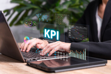 Business analysis, Planning process of Key Performance Indicators concept, Businesswoman analyze KPI with various graphs and charts, Organize manage shudule, Effective performance, Metrics connected