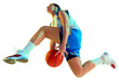 © Lustre Art Group  - Low angle shot of young basketball player leaping to make powerful slam dunk in neon light against transparent background. Concept of professional sport, championship, tournament, recreation. Ad