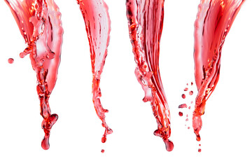 Wall Mural - Set of four flow of red cherry cold juice pour down with bright splashes, drops flying, motion isolated on white background. Fresh  drink with splashing for advertising, design, flyer, card, poster.