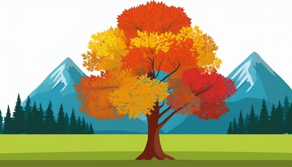 Wall Mural - colorful autumn tree with mountains in the background