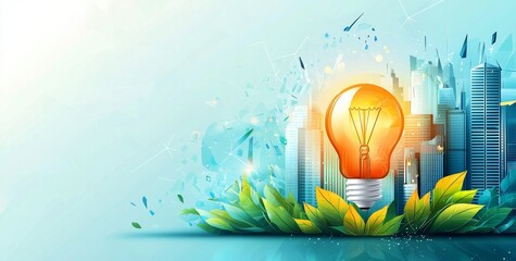 Wall Mural - Energy saving light bulb concept, modern illustration of the world in green