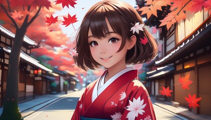 An anime-style girl with brown hair wearing a red kimono with white and pink flowers stands in a street with red maple leaves falling.