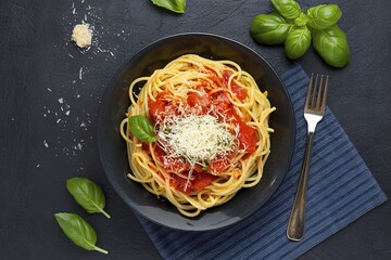 Tasty appetizing classic Italian spaghetti pasta with tomato sauce, cheese parmesan and basil