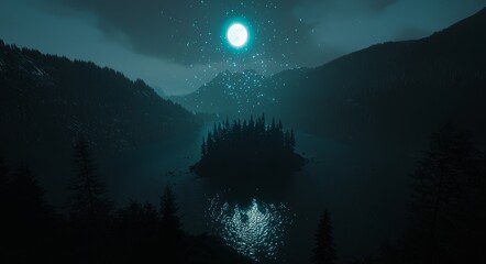 3D illustration of the moonlight shining through trees in a forest. Dark background. One of two moons.