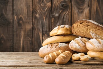 Wall Mural - Variety of bread on wooden table on an old wooden background