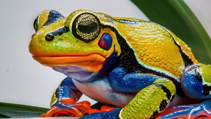 Poster - A colorful frog sitting on a white surface with green leaves, AI