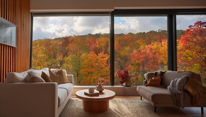 Wall Mural - A cozy living room with a view of the fall foliage