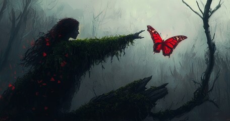 Poster - An old man with a broken limb holding a green butterfly, surreal painting, nature concept