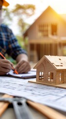 Image shows a person in a yellow hard hat at a desk with a model house on a blueprint, implying construction work.