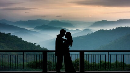 Poster - A couple kissing in front of a mountain range with fog, AI