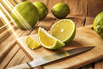 Wall Mural - Bergamot or kaffir lime with knife on wooden table background