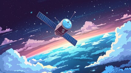 Wall Mural - cartoon vector satellite orbiting earth with a view of continents below