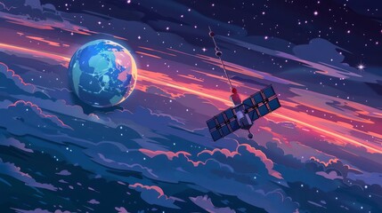 Wall Mural - cartoon vector satellite orbiting earth with a view of continents below