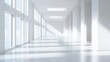 © Vendula - Modern white office interior, a long corridor with windows and light from the windows, photorealistic landscapes, architectural photography, bright white walls, glossy floor tiles, high ceilings, mini