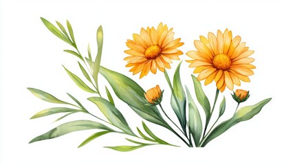 A watercolor painting of two yellow flowers with green leaves