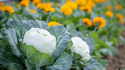 Wall Mural - A white cabbage is the main focus of the image, surrounded by other plants