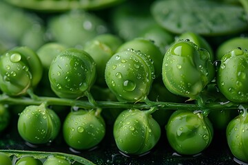 Wall Mural - Fresh Green Peas with Water Droplets Glistening in Natural Light