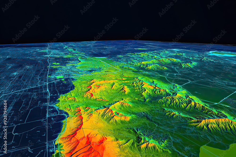 Technical aerial visual, 3D LiDAR GIS aerial map satellite scan model ...