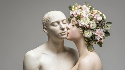 Wall Mural - A man and woman are kissing each other, with the woman wearing a flower crown