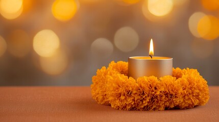 Poster - A candle is lit in a gold wreath of flowers