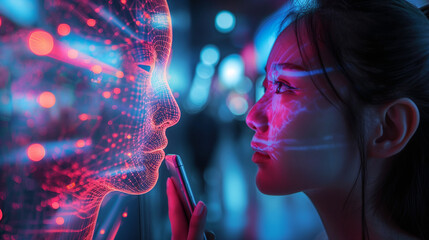 Woman holding cell phone projecting 3D virtual face