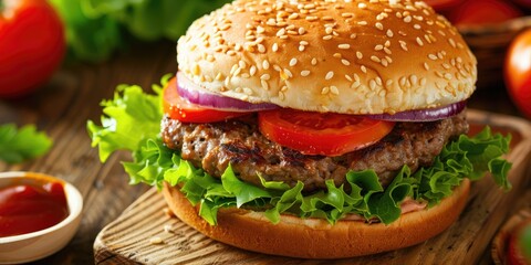 Barbecue cheeseburger with fresh lettuce ripe tomato and onions