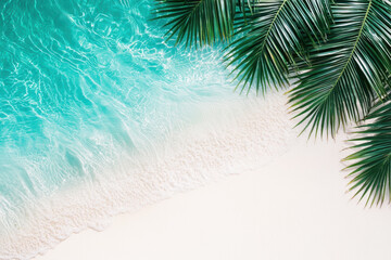 Wall Mural - Serene tropical beach with clear turquoise water gently lapping against soft white sand, framed by lush green palm fronds. A perfect paradise escape.