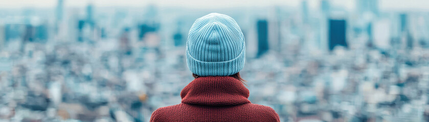 Person in a red jacket and blue beanie overlooking a city skyline. Ideal for urban exploration, city life, and winter season themes.