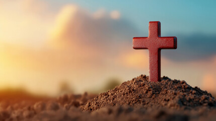 Red wooden cross placed on the soil with a sunrise background, symbolizing faith, spirituality, and rebirth.