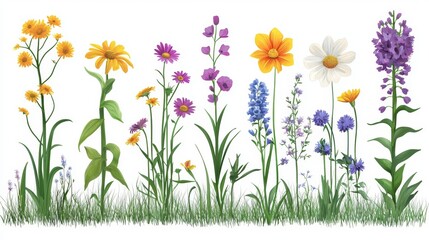 A row of flowers with a variety of colors including yellow, purple, and white