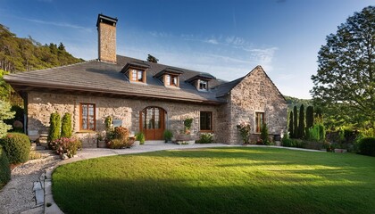 A beautiful stone house with a large garden