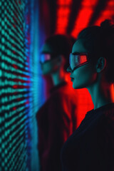 Wall Mural - Futuristic woman in LED glasses facing digital wall with neon blue and red lights, symbolizing technology and cyber world innovation.