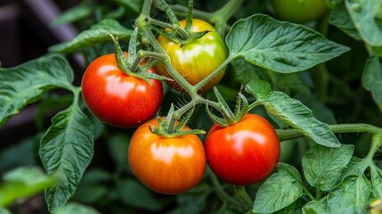 Wall Mural - A cluster of four ripe red tomatoes hanging from a plant