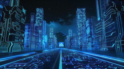 Futuristic Cityscape with Glowing Blue Neon Lights