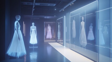 A futuristic digital fashion boutique with augmented reality mirrors and AI stylists