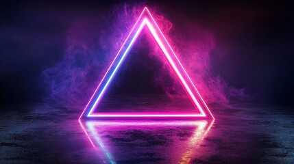 A vibrant glowing neon triangle with pink, purple, and blue hues reflecting off a dark surface.