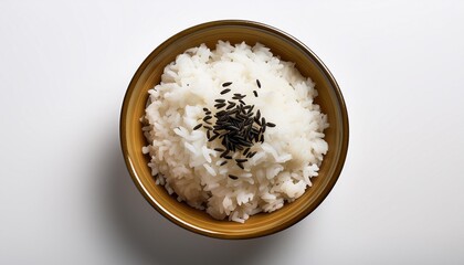 On a white BackgroundTop view of a bowl of rice with black seeds