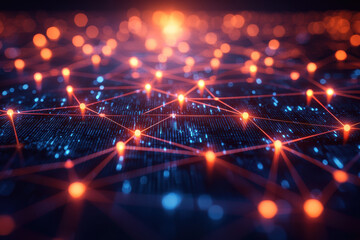 Wall Mural - Futuristic glowing network of orange nodes connected by blue lines, representing digital connections and technology against a dark background.