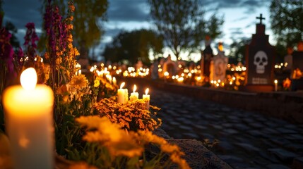 A cemetery is lit up with candles and flowers