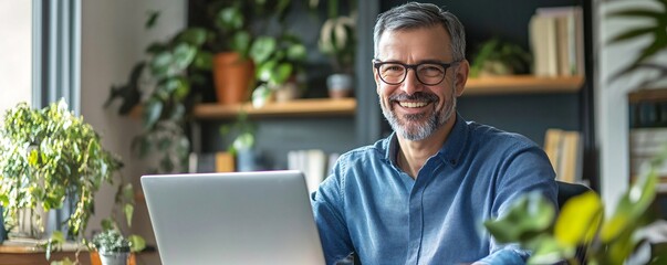 Wall Mural - Mature professional smiling while working from home office surrounded by plants