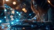 © kinara art design - Woman working on laptop with blue glowing network around her, concept of communication and technology.