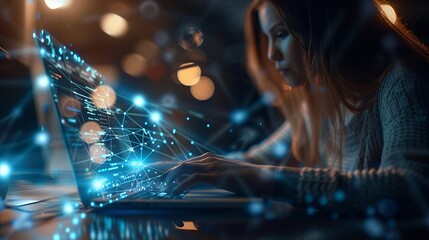 Woman working on laptop with blue glowing network around her, concept of communication and technology.