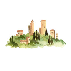 Wall Mural - Italian rural landscape with towers and farms, cypress trees and bushes, watercolor isolated composition. Mediterranean Europe horizontal scenery with ancient houses for travel tourists designs