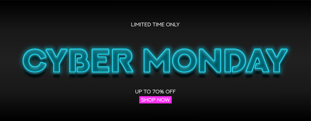 Wall Mural - Cyber Monday Sale banner template. Bright glowing text symbol for decoration Cyber Monday sale. Blue neon Cyber Monday signboard for seasonal sales, advertising and social media.