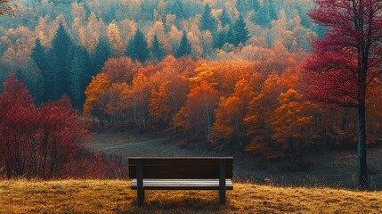 Canvas Print - A beautiful autumn landscape with a bench in the foreground and a forest of colorful trees in the background. 